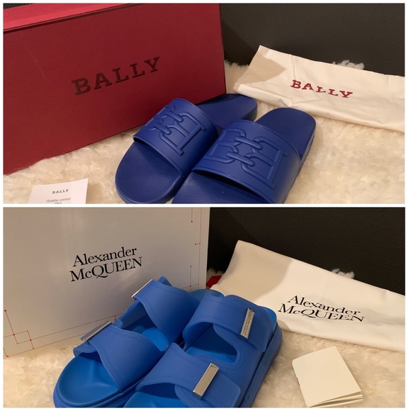 New Authentic Alexander McQueen Double Buckle Sandal & Bally Blue Men’s Slides - Picture 1 of 9